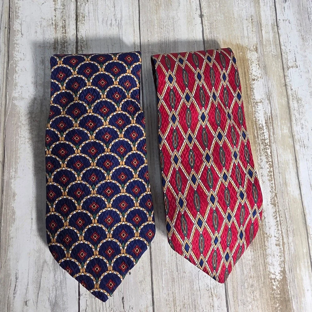 Liberty of London Mens Silk Necktie Set Red Diamond Navy Medallion Geometric 2pk